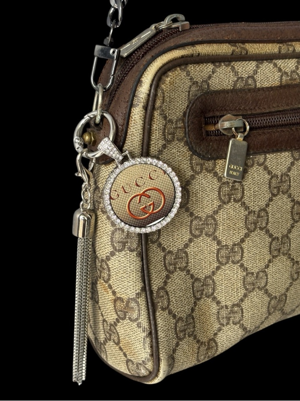 Authentic Gucci Beige and Brown GG Supreme Crossbody with Chain Strap & Charm. - Picture 8 of 11